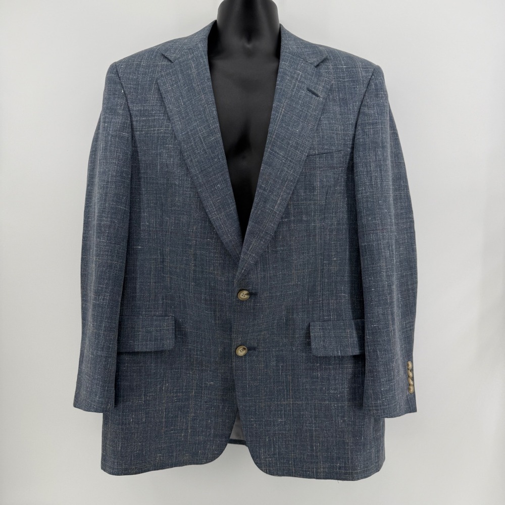 Austin Reed Blazer Mens L Blue Windowpane Plaid Wool Blend 2-Button Sport Coat